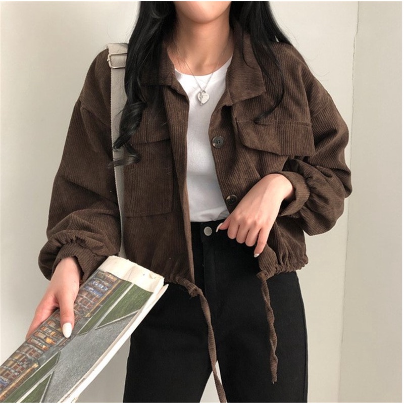 [3 color]Korean Style Jaket Korduroi Wanita Vintage Oversize Lengan Panjang Warna Solid Atasan Kekinian Corduroy Crop Kasual Jaket