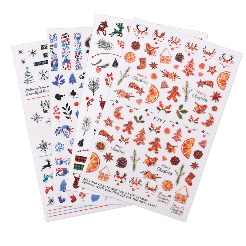 1 Lembar Stiker Kuku 3D Desain Snowflake Snowman Rusa Daun Natal Tahan Air Untuk Dekorasi Nail Art