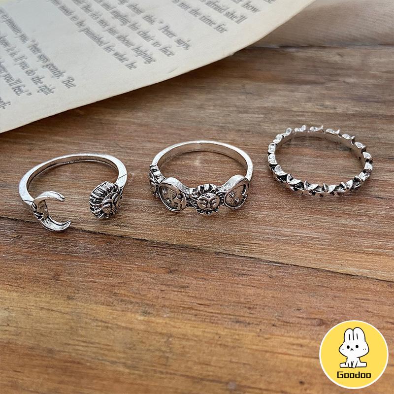 Cincin Gabungan Terbuka Kreatif Retro Star Moon 3-piece Set Cincin -Doo