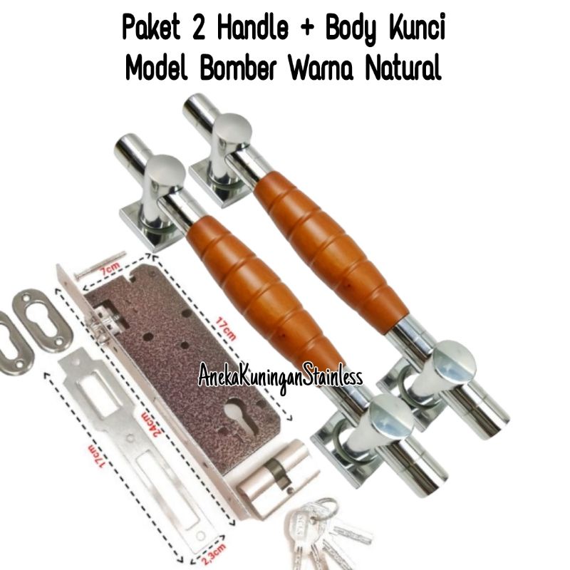 paket handle pintu rumah set kunci model Bomber 33cm tarikan gagang pintu rumah set kunci minimalis handel hendel pintu rumah stainless kombinasi kayu