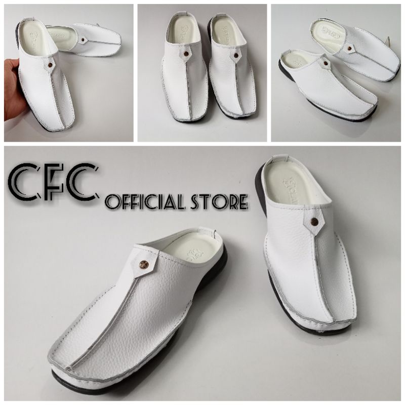 Sepatu Sandal Bustong Putih Pria Kulit - Selop Tutong Cowok