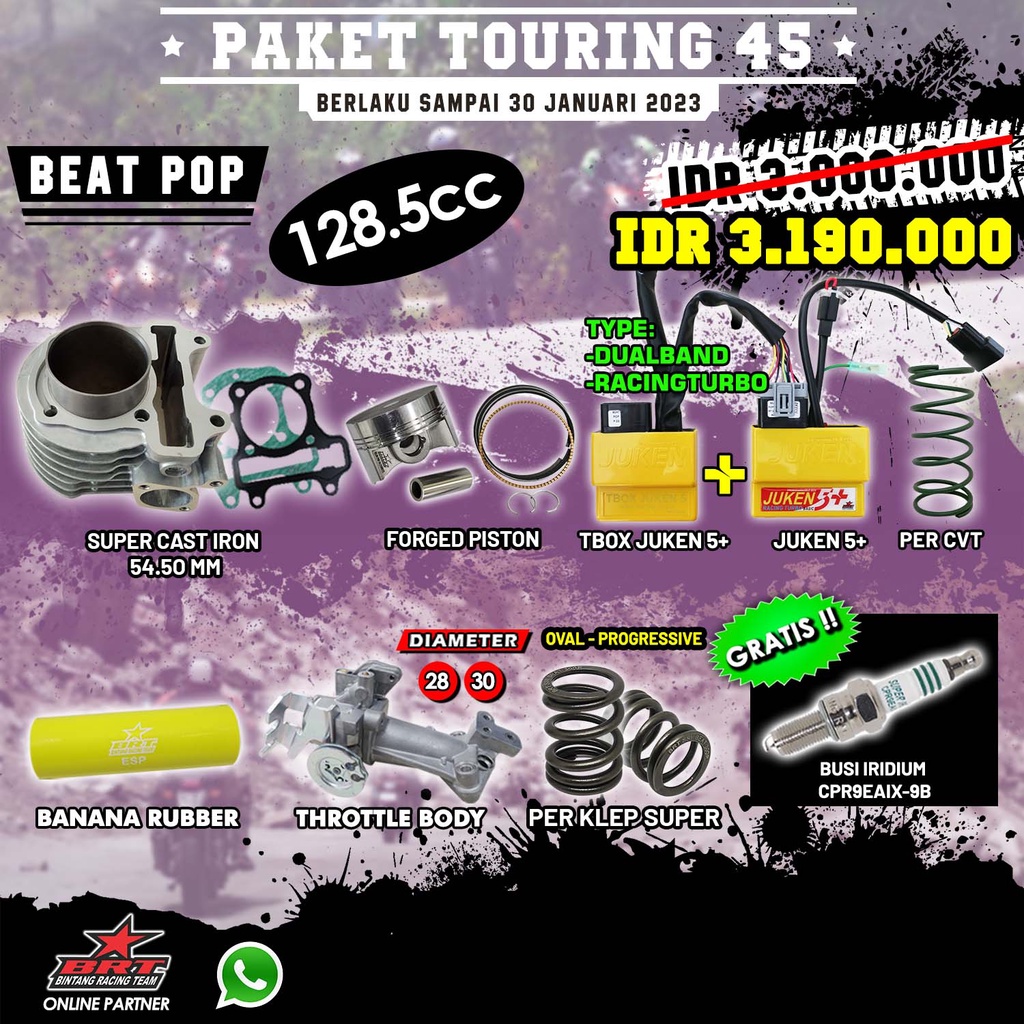 PAKET TOURING 45 BEAT POP BRT - BLOK PISTON + ECU JUKEN + PER CVT + THROTTLE BODY BANANA RUBBER + PE
