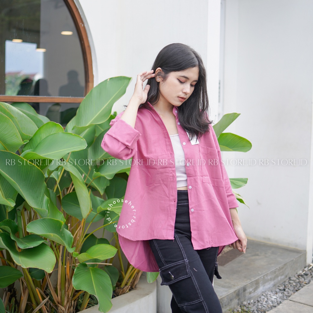 Kemeja Wanita Linen Oversize Olivia Shirt Linen Pocket-OLIVIA DEEP PINK