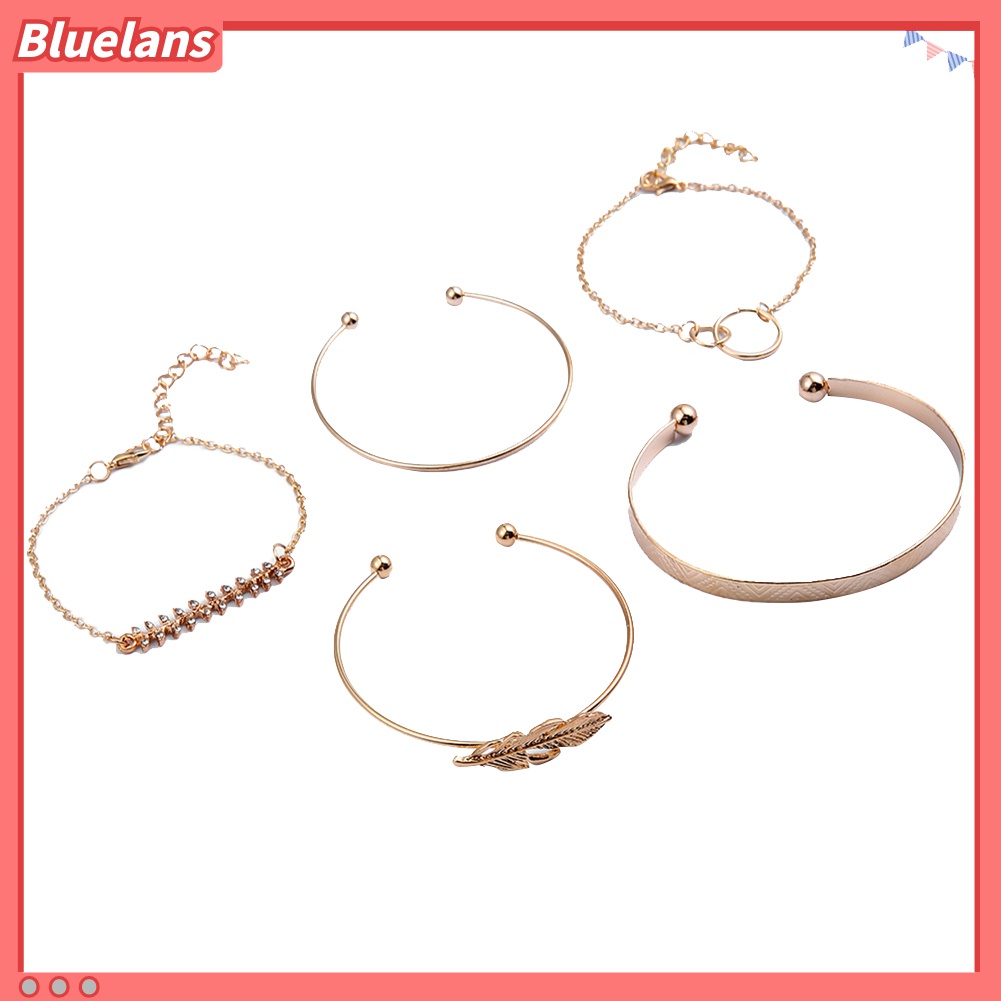 5pcs / Set Gelang Model Terbuka Desain Daun Aksen Berlian Imitasi Untuk Wanita