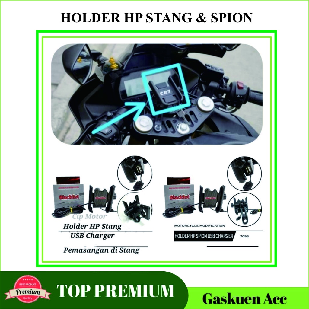 Holder HP Motor R15 R25 +USB Charger Alumunium Alloy Original CR7