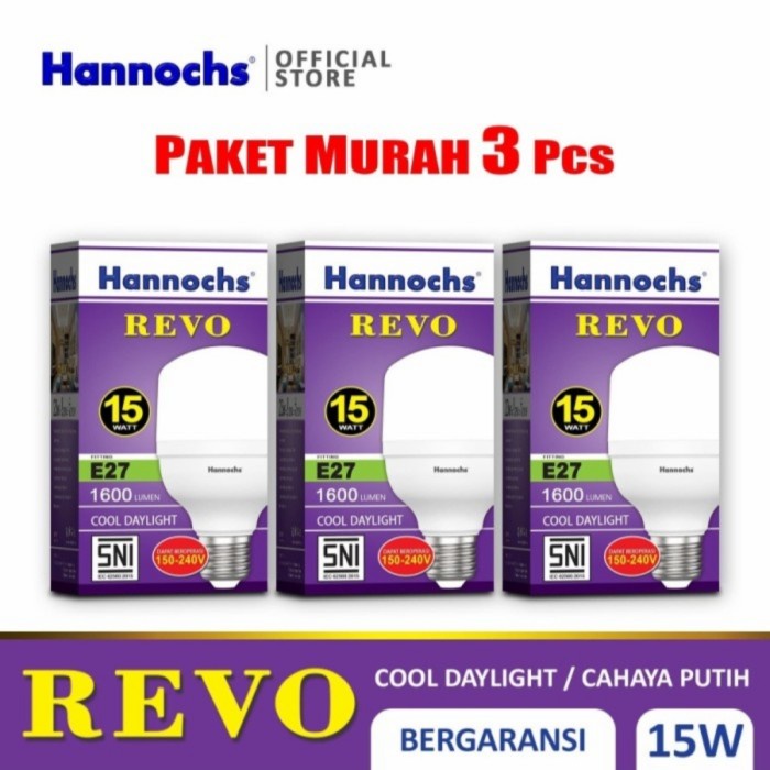 Paket Hemat 3 Pcs Hannochs Revo 15 Watt - Cahaya Putih - Sni