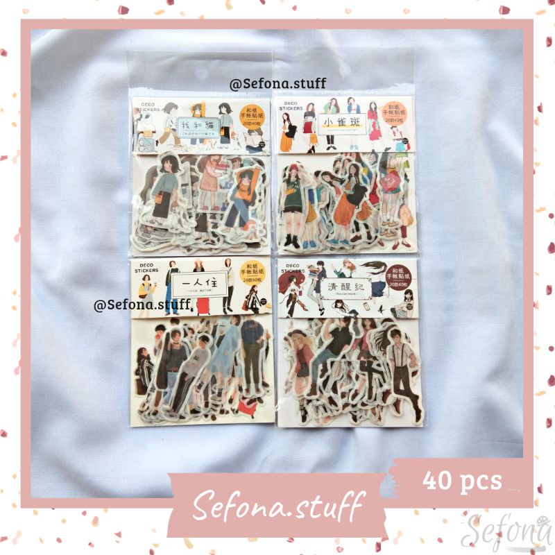 

40 Stiker Deco Pack Kawaii Cute Cartoon Girls & Boys Character Sticker Karakter / Orang Kartun Cewek Cowok Dekorasi Journal Notebook Planner Laptop Case HP DIY Scrapbook Aesthetic Lucu