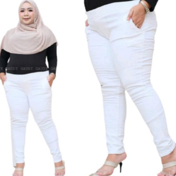 Celana Jeans Putih Wanita Jumbo Legging Jeans Pinggang Kolor Jumbo