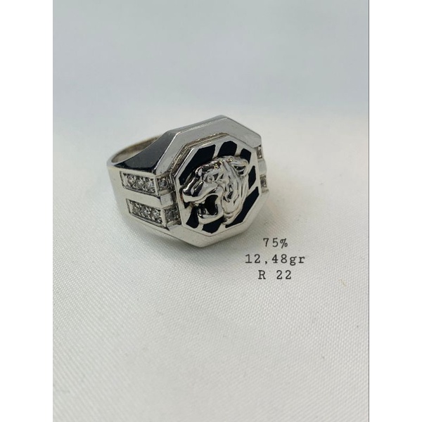 Cincin Cowok Emas Asli Putih Kadar 750 75% Motif Harimau Doff Hitam Mewah Besar Size