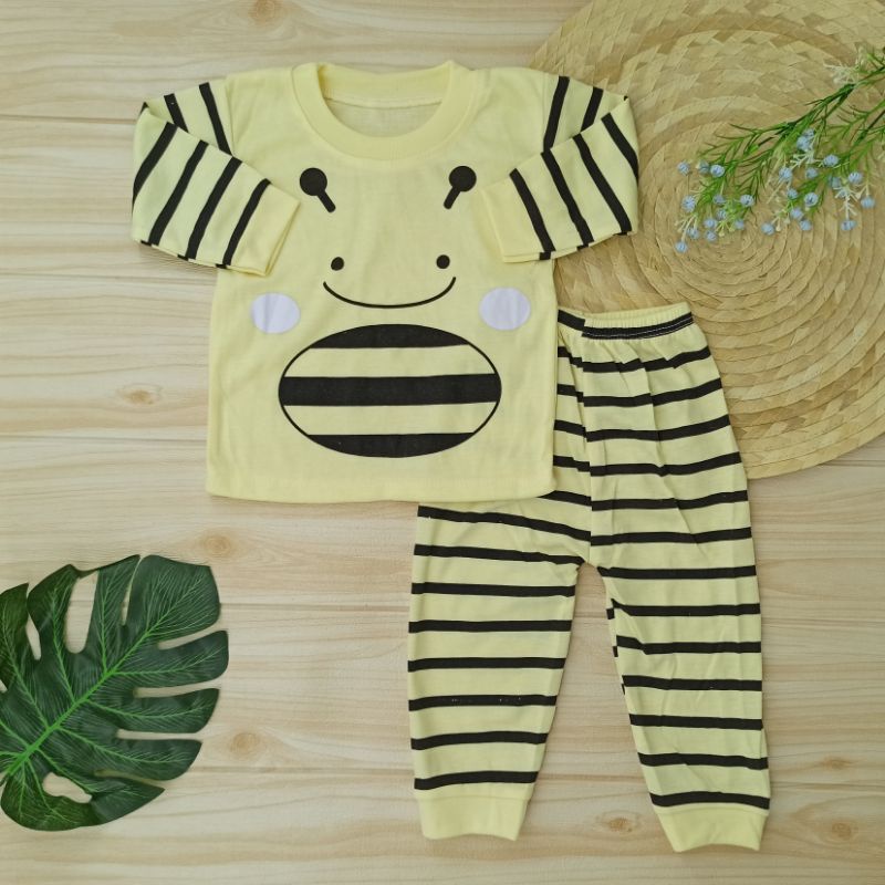 Ss#157 Setelan Baju Panjang Bayi Bahan Kaos / Piyama Baju Tidur Anak 0-12bulan Motif Bee