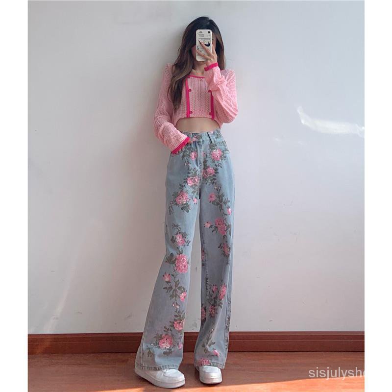 #Sisjuly# Jeans Vintage Dicetak Wanita Niche Jeans Longgar Pinggang Tinggi Kurus Lurus Celana Kaki L