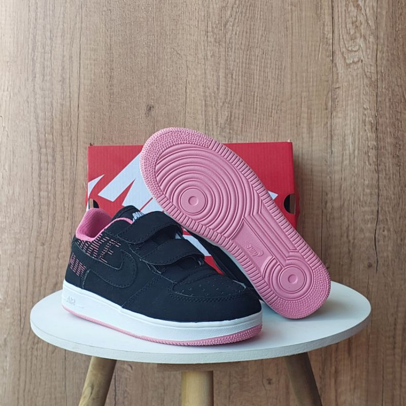 Sepatu Air Force 1 Velcro Kids Black Pink Premium Quality / Sepatu Anak Anak / Sepatu Velcro Anak
