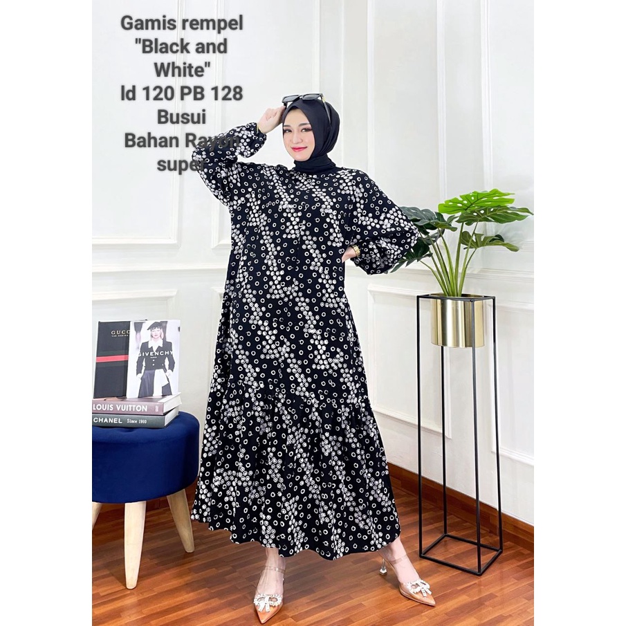 GAMIS RAYON PREMIUM MALAMAN BLACK WHITE JUMBO RESLETING DEPAN DRESS WANITA SYARI BATIK CAP PEKALONGAN