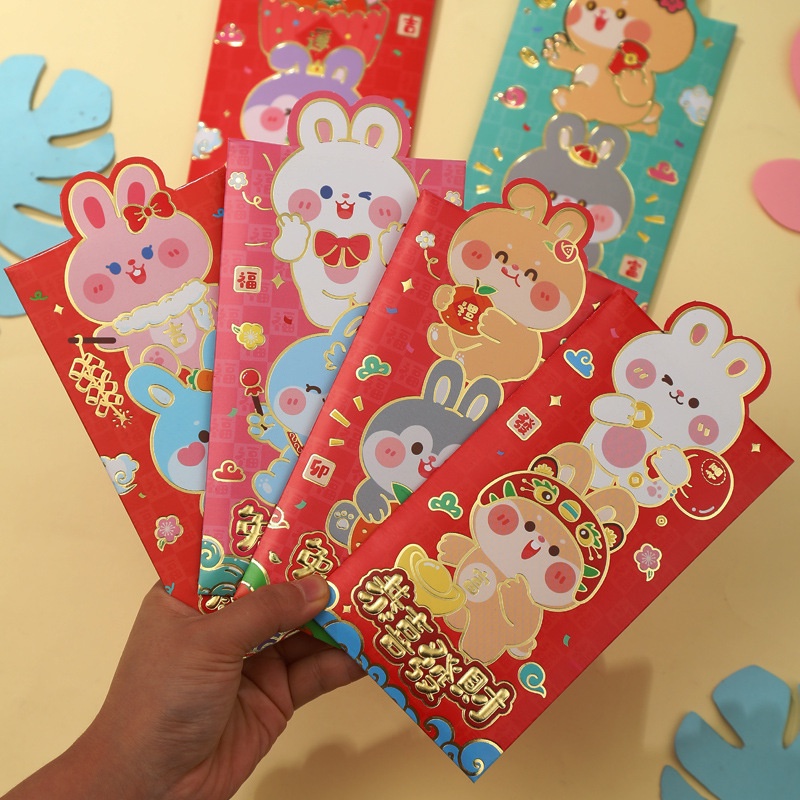 6 Pcs Amplop Angpao Motif Kartun Kelinci Warna Merah Untuk Tahun Baru Cina