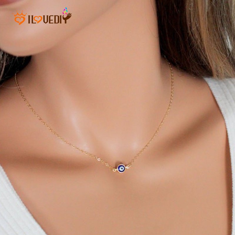 Kalung Rantai Klavikula Hias Liontin Mata Iblis Warna Biru Untuk Perempuan