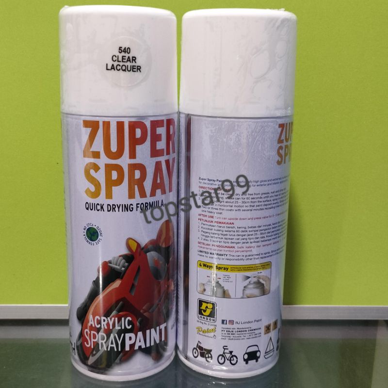 ZUPER Spray Paint Pilox Pilok Zuper Clear Glossy Pernis Vernis 540 400cc Cat Semprot Zuper Acrylic Ukuran Besar 400 cc Quick Drying Formula /Cepat Kering