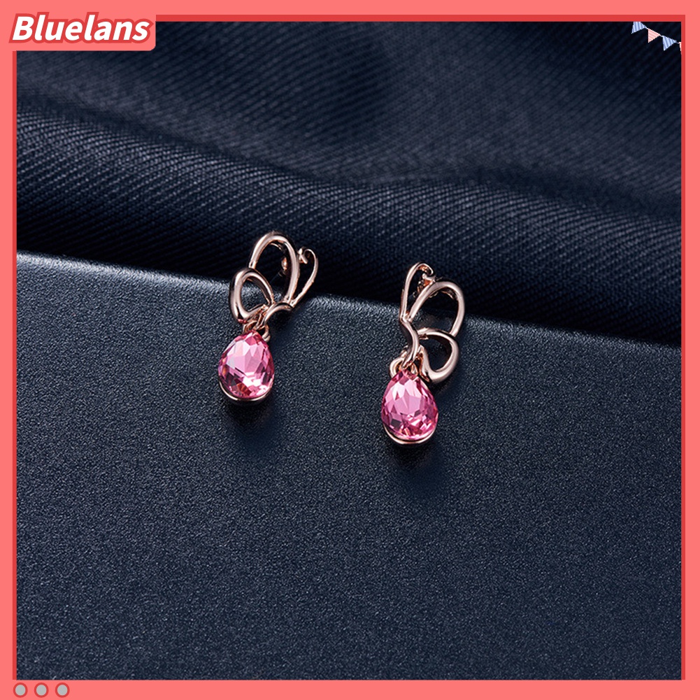 Set Perhiasan Kalung Anting Stud Berlian Imitasi Model Tetesan Air Kelopak Bunga Hollow Untuk Wanita