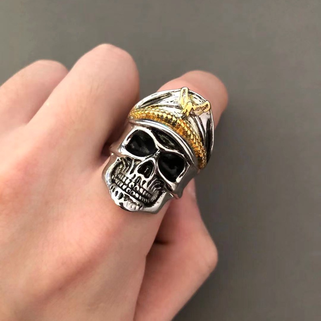 Cincin Lapis Emas Model Topi Tengkorak Gaya Vintage Untuk Pria