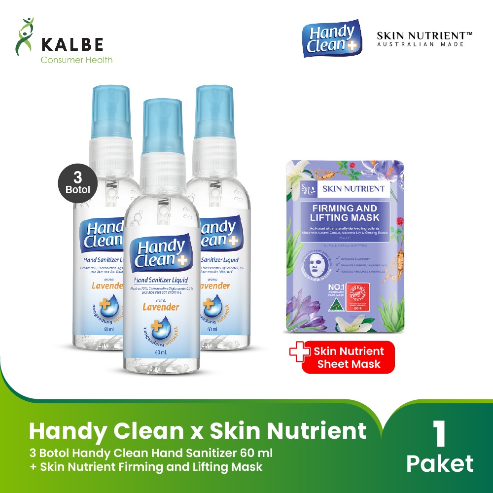 Handy Clean Hand Sanitizer 3 Botol @ 60 ml x Skin Nutrient Sheet Mask