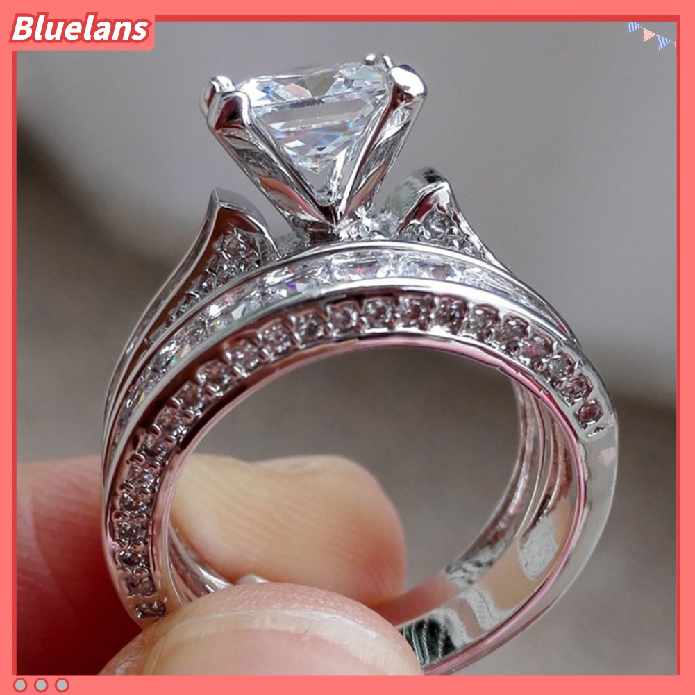 2pcs / Set Cincin Berlian Imitasi Hias Glitter Kubik Zirkonia Untuk Wanita
