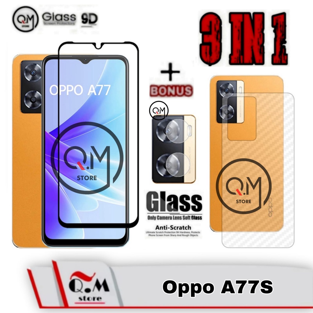 Paket 3 in1 Tempered Glass Layar Oppo A77S  Anti Gores Pelindung Layar Full 9D FREE Camera Plus Garskin