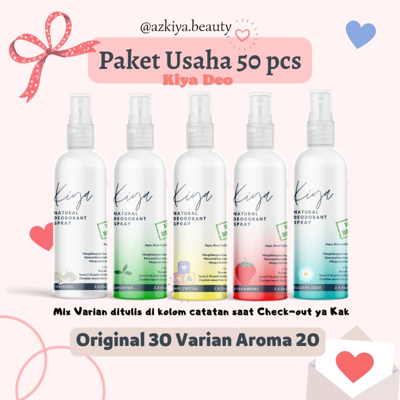 50 Pcs Kiya Deo Natural Deodorant Spray 100 ml - Paket Usaha 30 Original 20 Varian