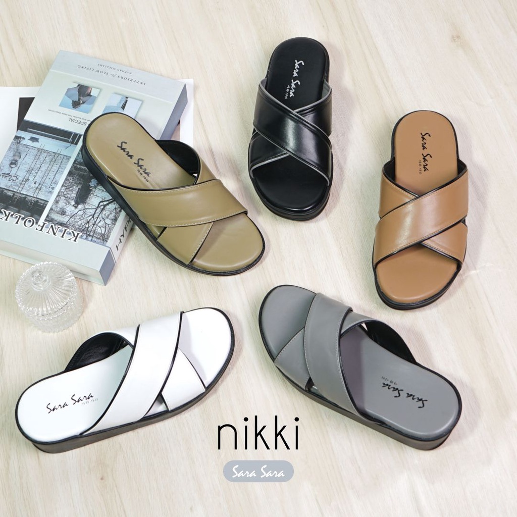 Sara Sara NIKKI Sandal Slop Wanita Sendal Slide Cewek Wedges Casual Model Silang Sol Karet Tanpa Hak Kekinian