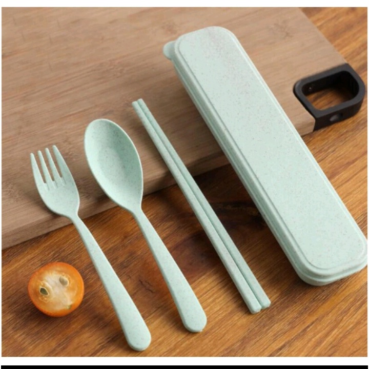 Set Sendok Garpu dan Sumpit Jerami BPA Free/ Bahan Jerami Gandum/ Alat Makan Portable Travelling/ 3in1 Kotak 3 Set Peralatan Makan/ Gandum Go Green/ Set Alat Makan Cutleries