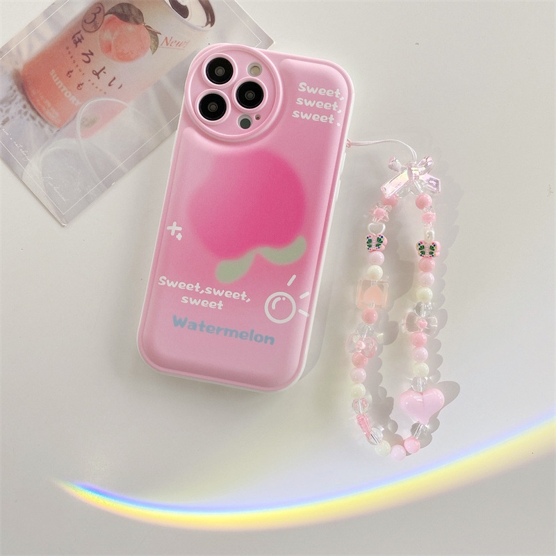 Case Pelindung Lensa Kamera Warna Pink Peach Dengan Rantai Manik-Manik Untuk Iphone 7 8 PLUS X XR XS 11 12 13 14 PRO MAX SE