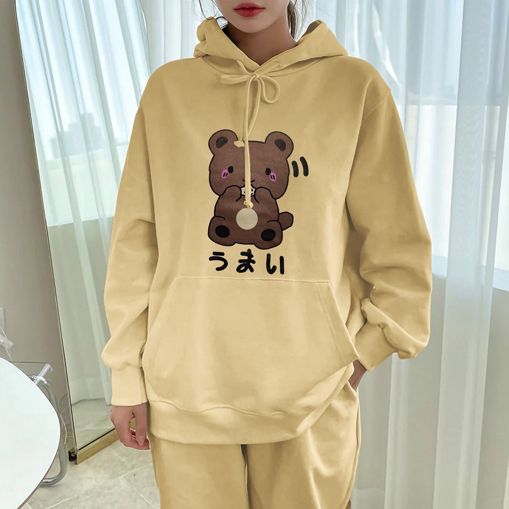 Hoodie Sweater Yummy Bear Oversize - Bahan Fleece - Size XXL - Baju Wanita Pria / Cowok Cewek - Terlaris