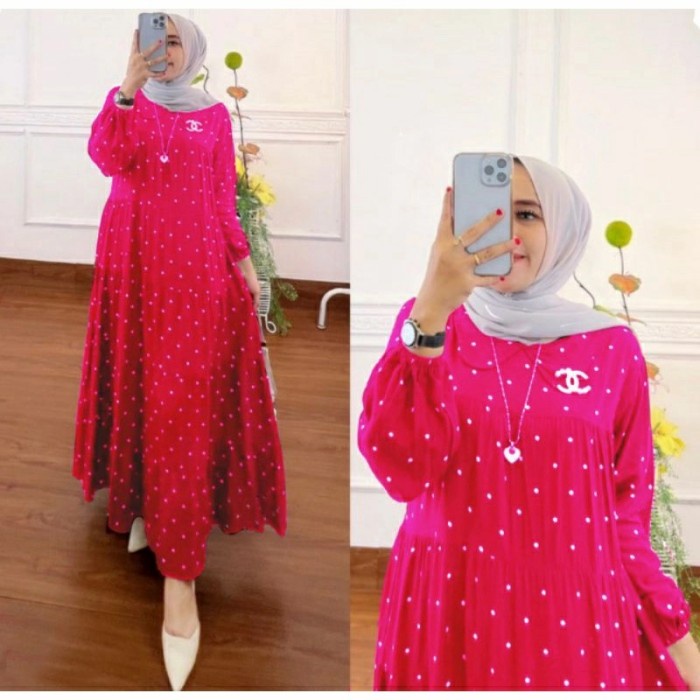 GAMIS Baju Wanita Syari Muslim Gamis Cewek Muslimah Maxi Dress Casual Murah - polka fushia dewasa te