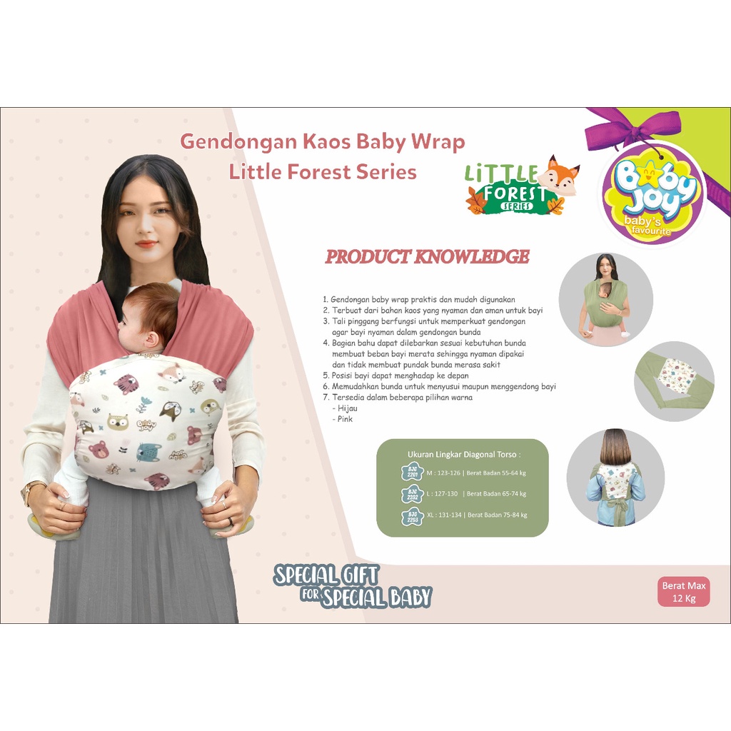 Baby Joy Gendongan Kaos Baby Wrap Little Forest BJG220123 / BJG2201 / BJG2202 / BJG2203 / Gendongan Bayi Depan M Shape Baby Wrap 3in1 Geos Baby Instan Premium with Sash Belt