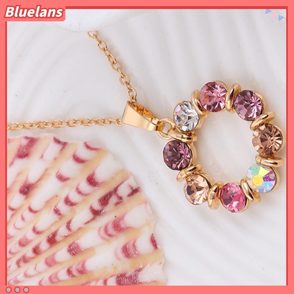 Set Perhiasan Kalung Anting Stud Berlian Imitasi Bentuk Lingkaran Warna-Warni Untuk Wanita