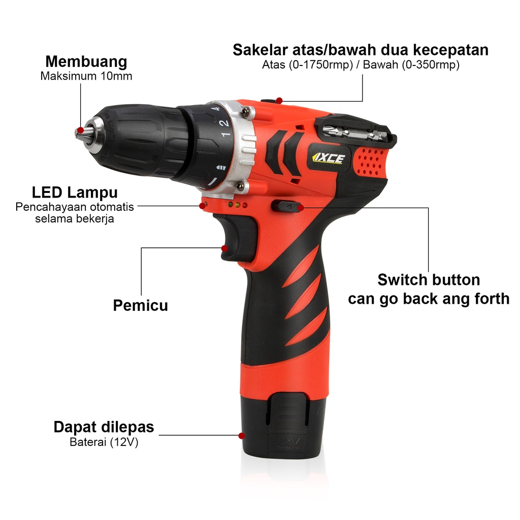 IXCE bor listrik Bor tanpa kabel 12V Isi ulang 30NM 1500rpm Pegangan anti selip Kit alat Battery impact drill Impact Cordless Electric Drill