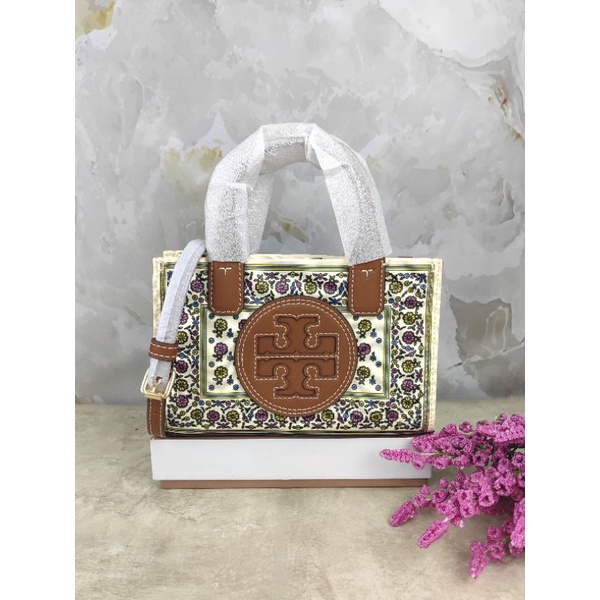 TB Ella Printed Mini Tote Ivory Floral Daisy Border
