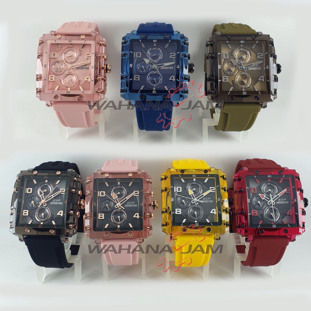 Expedition E 6808 MF / Jam Tangan Pria Wanita Couple EXP E6808 Karet Rubber Kotak Petak Rosegold Ori
