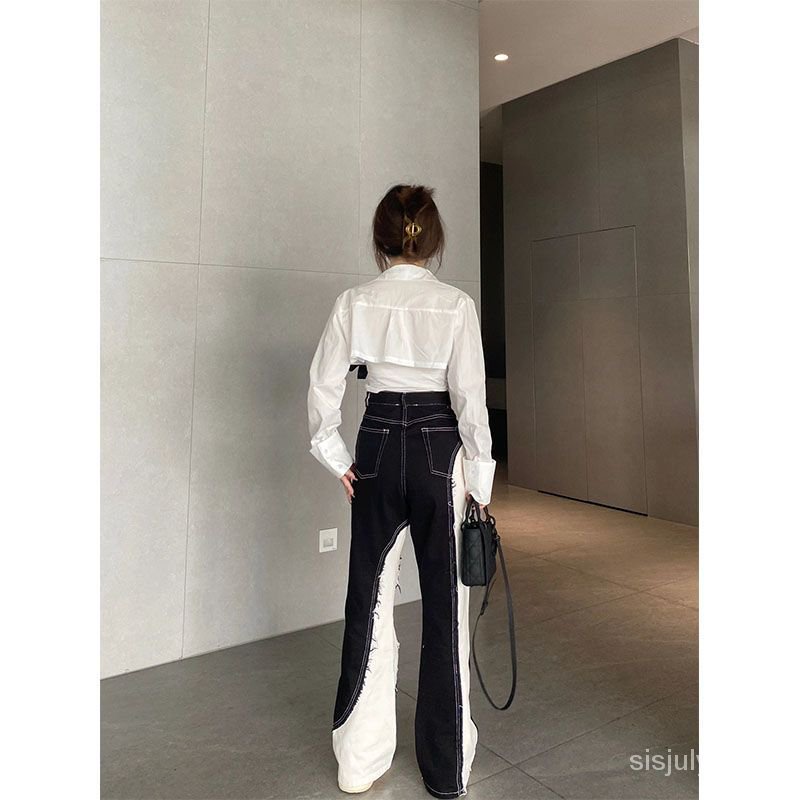 [✅BISA COD] #Sisjuly# Jeans lurus berpotongan bulu tambal sulam wanita musim gugur celana jins lurus berpinggang