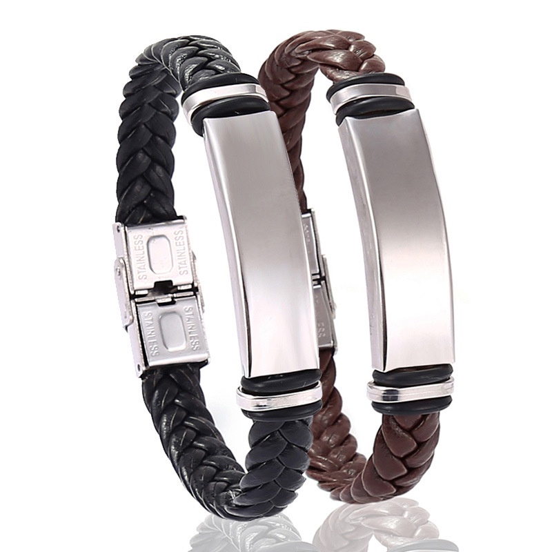 Gelang Tangan Kulit Anyam Aksen Stainless Steel Casual Untuk Priawanita