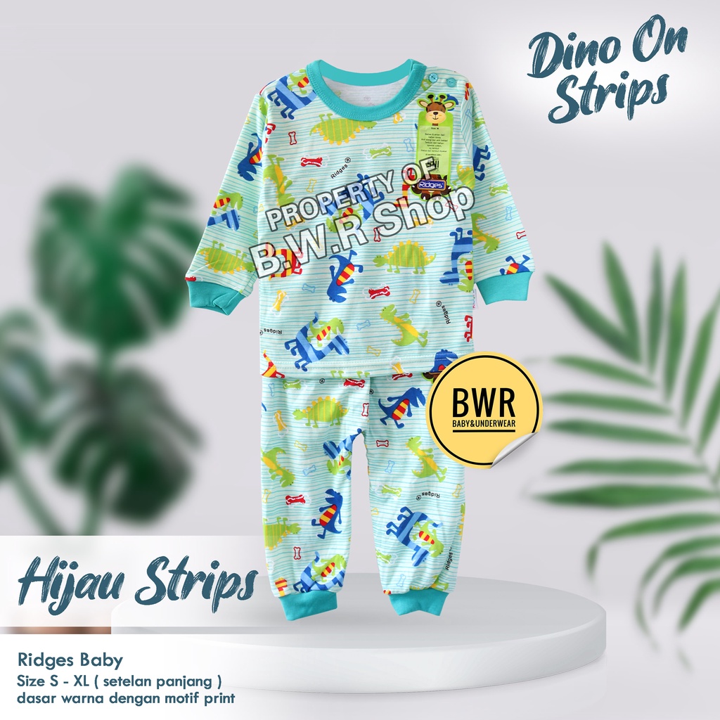 [ 3 Setel ] Setelan RIDGES PANJANG Dino On Strips Terbaru / Setelan Baju Bayi Baju Tidur Anak Unisex Panjang Terlaris 10rs | Bwr