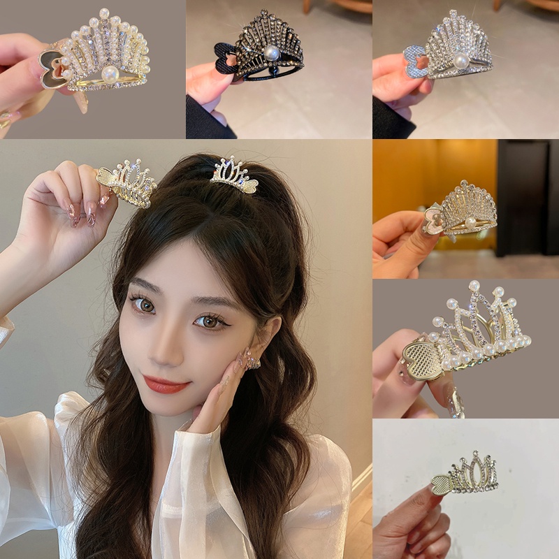 Glitter Berlian Mutiara Mahkota Jepit Rambut Wanita Ponytail Memperbaiki Klip Aksesoris Rambut Korea