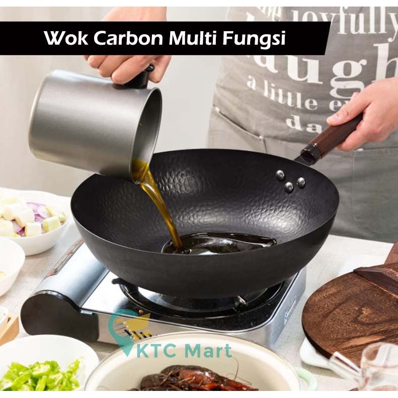 Carbon Wok Pan HoneyComb 32 CM + Tutup Kaca Wajan Hitam Kuali Hitam Anti lengket Kuali Anti Gores