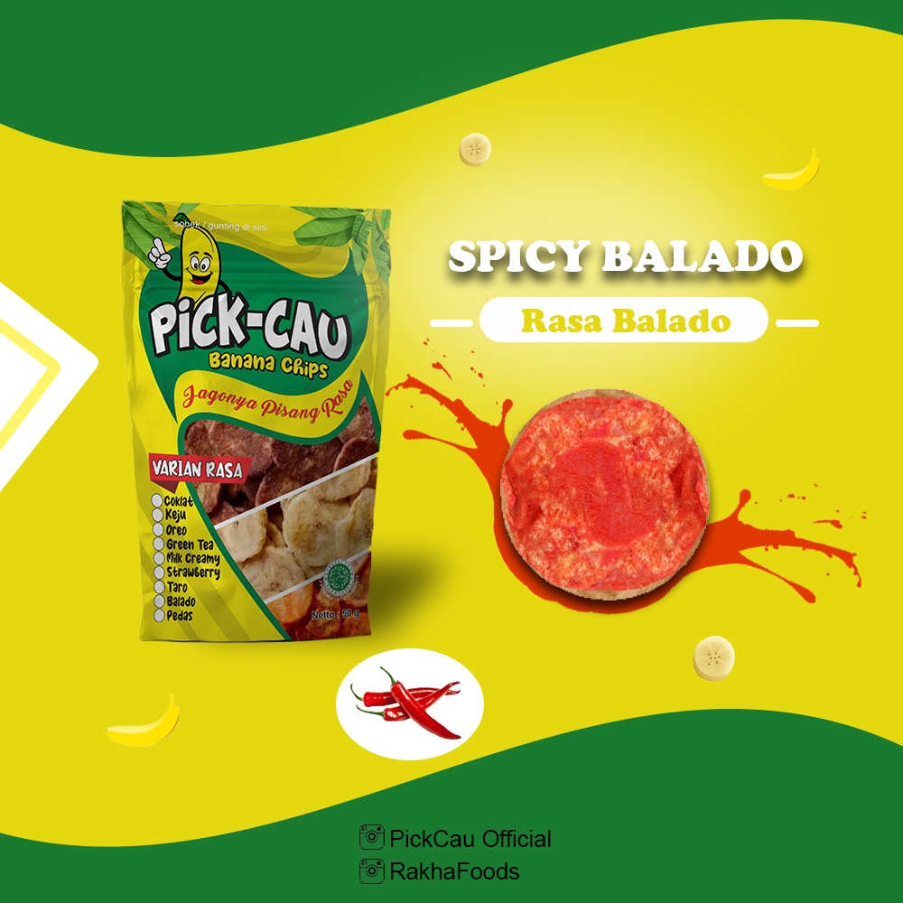 

Keripik pisang Pick-Cau Banana Chips Spicy Balado - Keripik Pisang Balado Bumbu Tebal Gurih dan Renyah 80gram