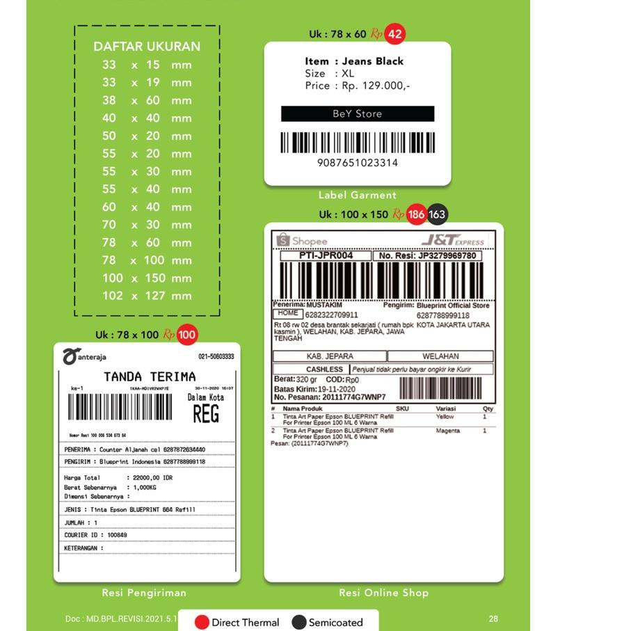 

Model Baru Direct Thermal Sticker 102x127 BLUEPRINT Lite Kertas Stiker Label 102 x 127 mm 500Pcs - 1 Roll ペ