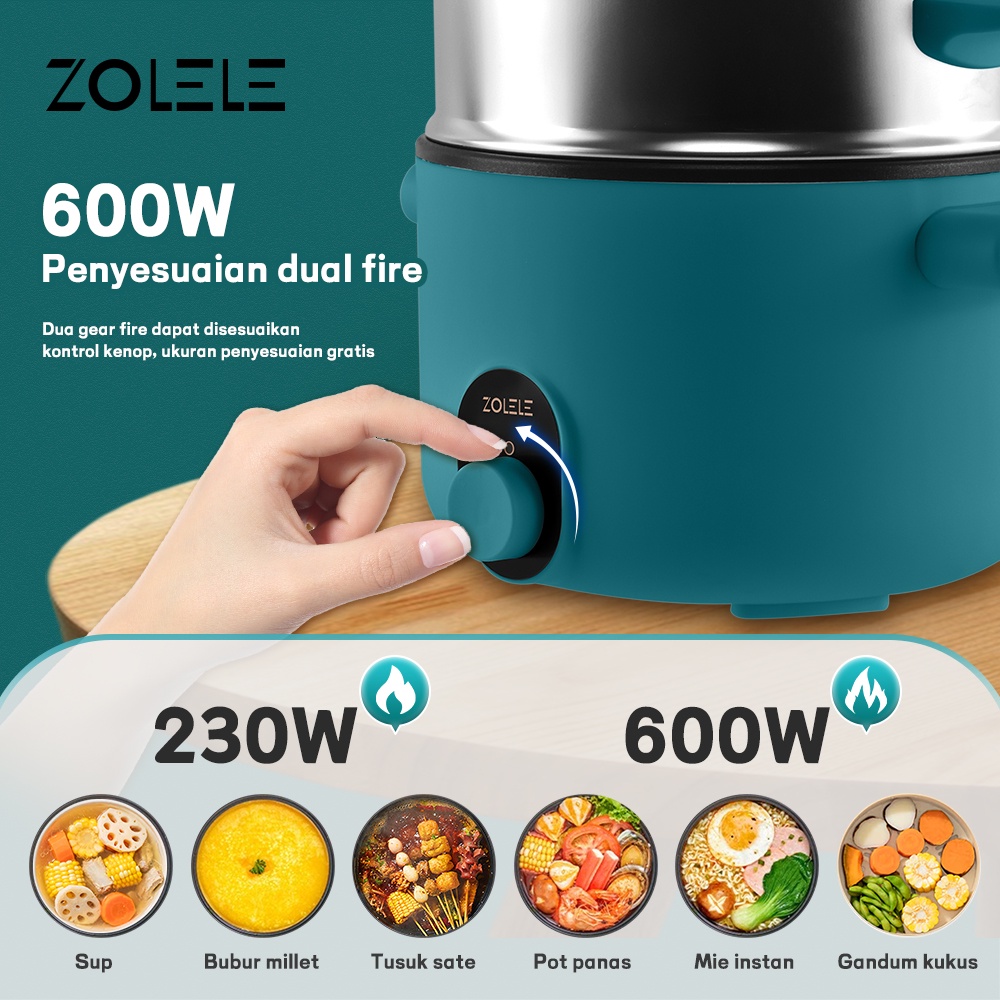 ZOLELE Panci Listrik 1.8L Rice Cooker Penanak Nasi Serbaguna Electric Pot 2 -Layer Panci Kukus Panci Rebus Mengukus Menggoreng Merebus Non-Stick Home Kitchen Steamer ZC002X