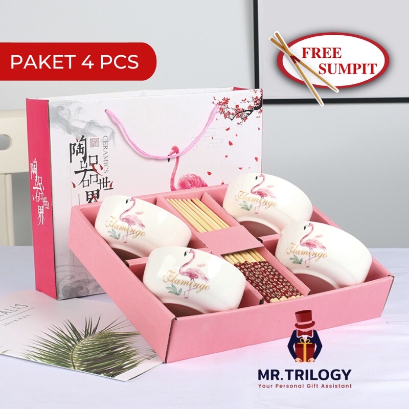 Hampers Flamingo Mangkok Jepang Keramik Set Alat Makan Sumpit Aestetik Kekinian Sovenir Hadiah Lebaran Nikah Pink