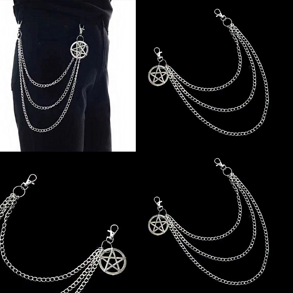 Rantai Pinggang Multilayer Liontin Pentagram Dua Sisi Bahan Metal Gaya Retro Hip-hop Untuk Dekorasi Celana
