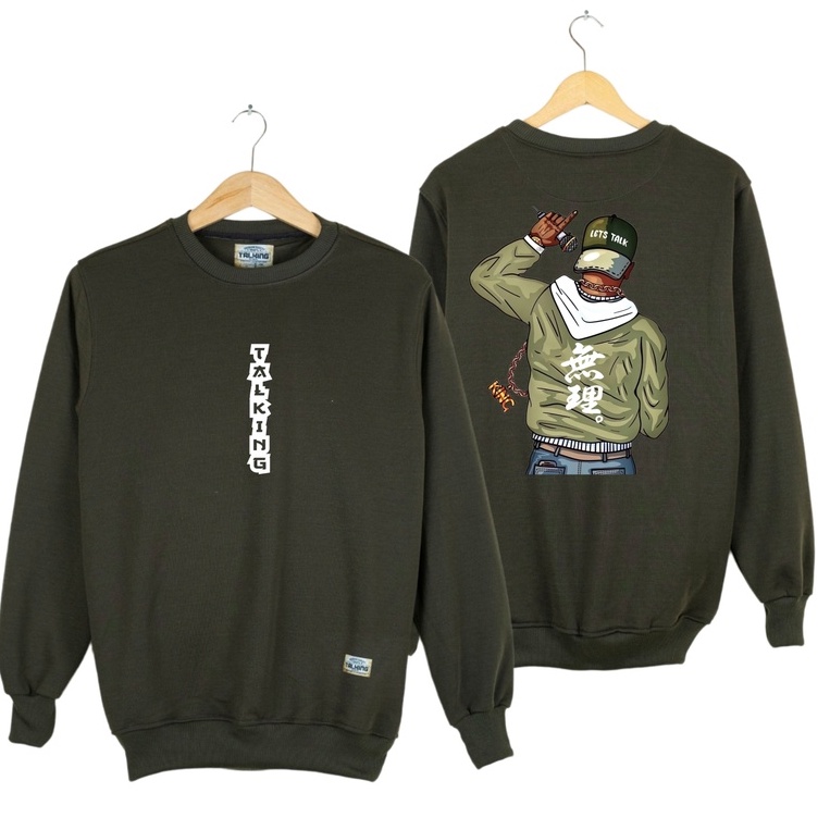 Talking Switer Pria Distro Sweater Crewneck Hijau Army Gambar Belakang Terbaru Japanes Style