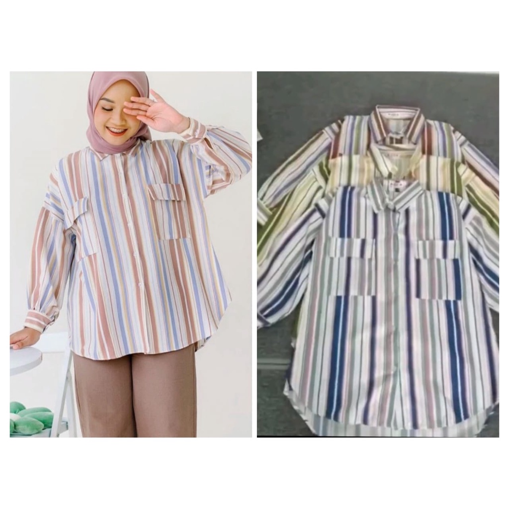 QR - ZFS OOTD Kemeja Wanita Salur Kekinian / CARISSA OVERSIZE STRIPE SHIRT / Hem / Kem Garis Garis T