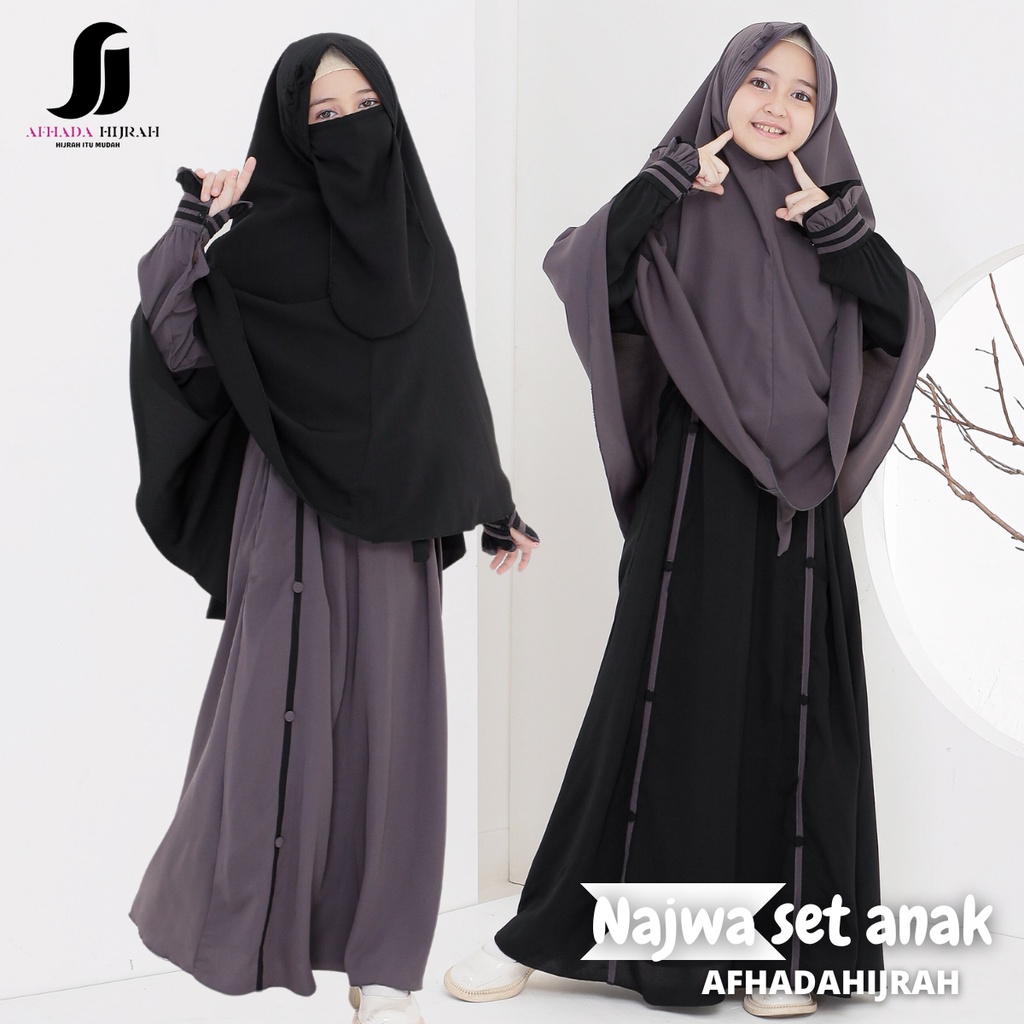 Afhadahijrah - Gamis anak perempuan set cadar NAJWA  abu hitam  terbaru baju dan hijab instan syari 