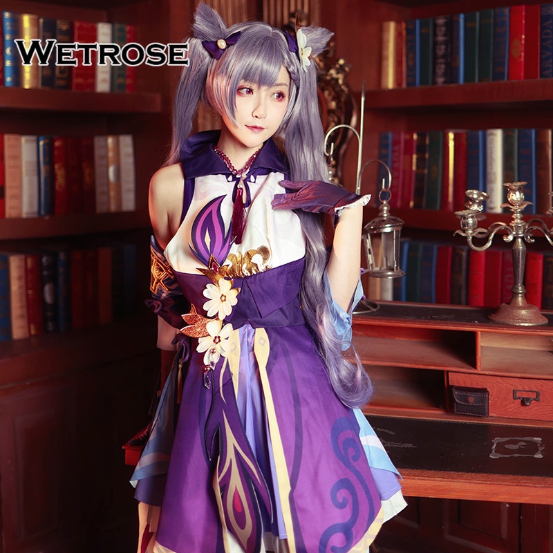 【Wetrose】Genshin Impact Keqing Cosplay Costume Kostum Baju Full Set High Quality, Keqing Wig